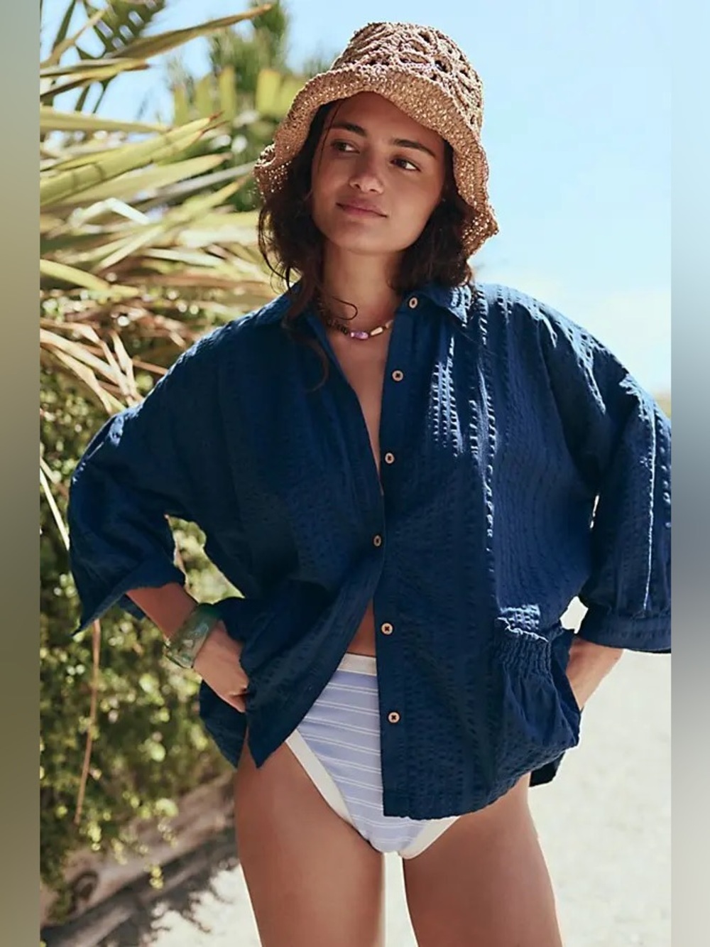 FREE PEOPLE Titan Navy Blue Just Like Me Seersucker Button-Down Shirt